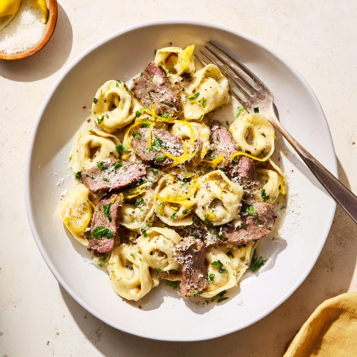 Plated cracked garlic steak tortellini featuring tender beef ribbons and cheese-filled pasta swimming in a velvety Parmesan creamhouse sauce with Italian herbs