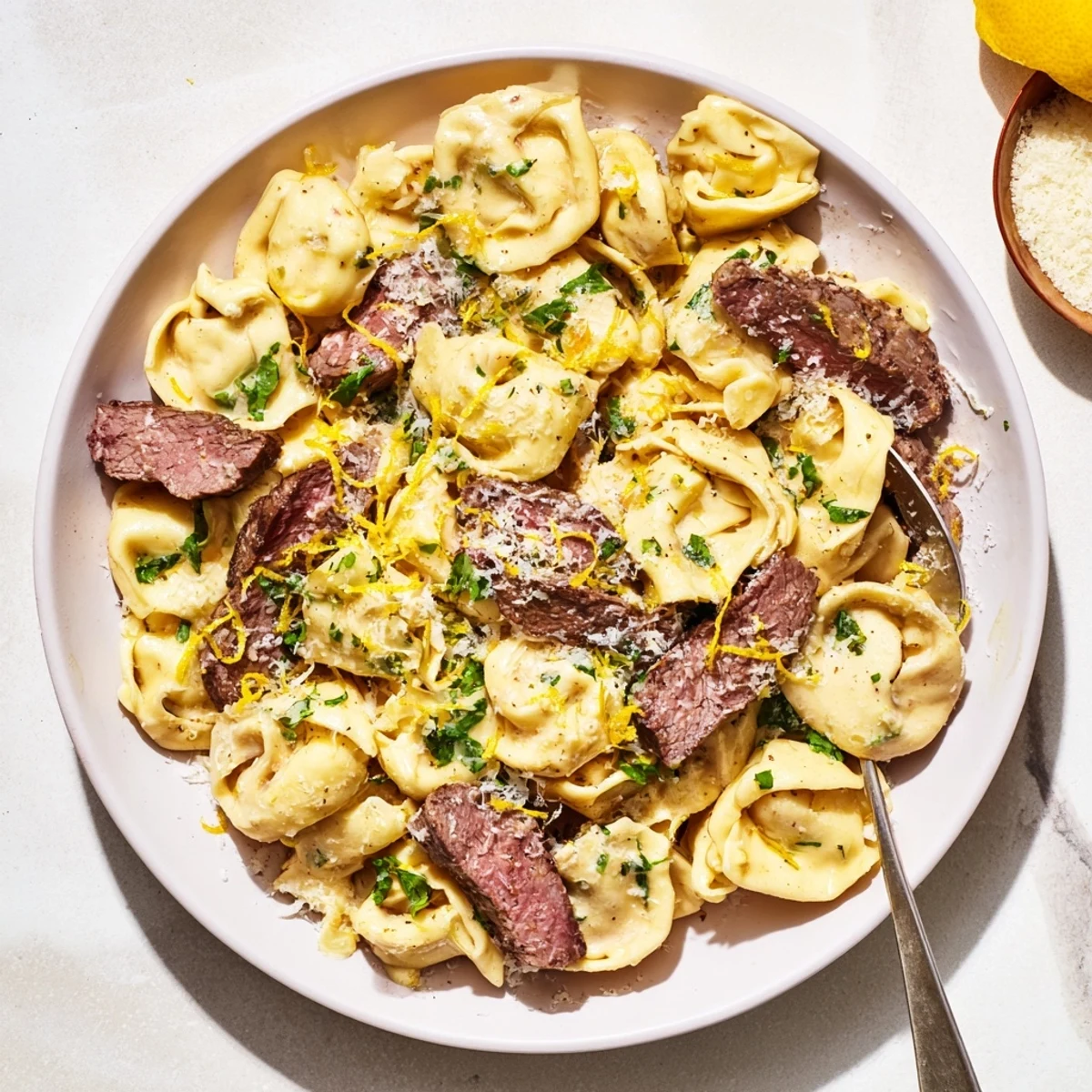 Steak and tortellini dish showcasing medium-rare beef slices coated in a luxurious garlic-herb cream sauce with red pepper flakes and extra grated Parmesan