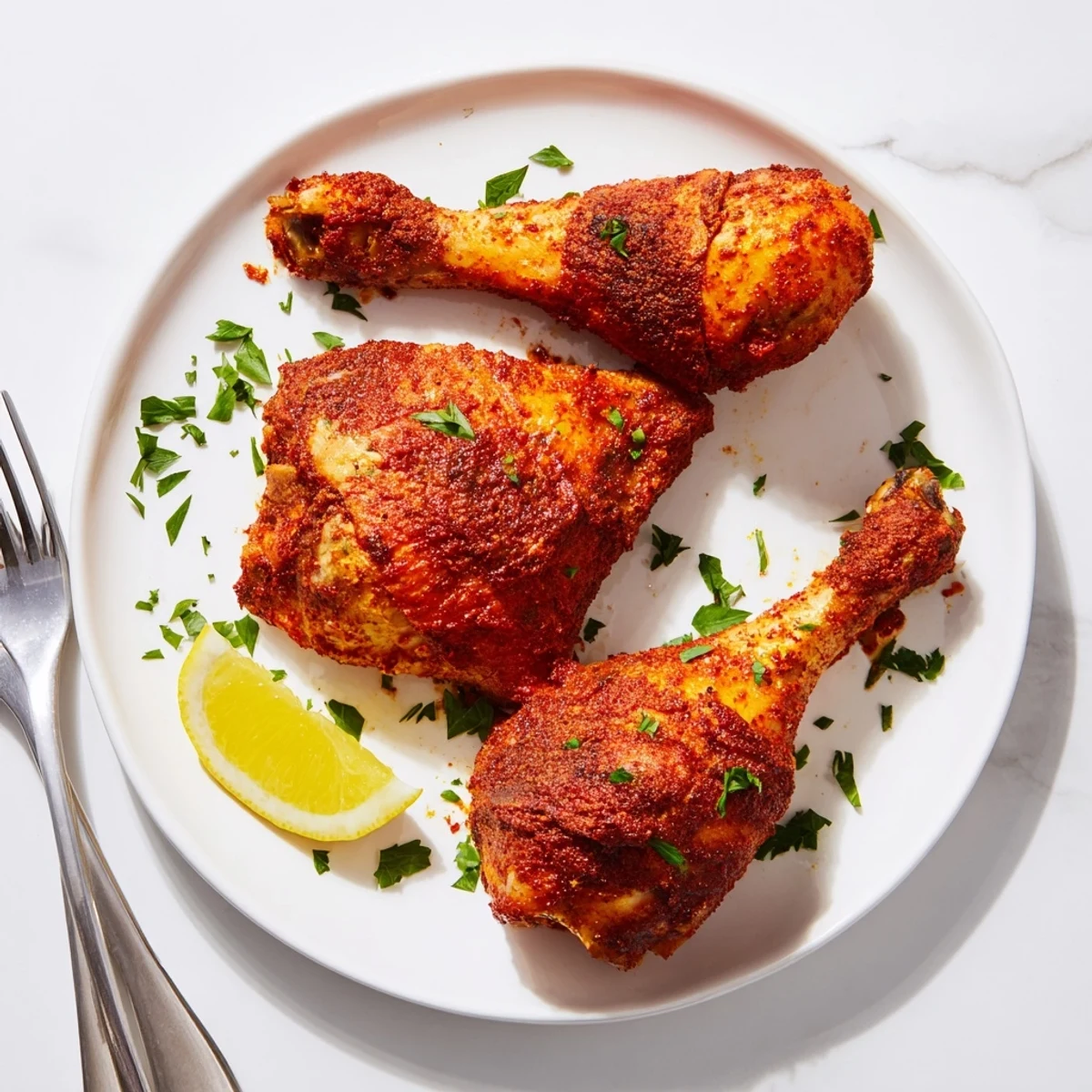 Golden roasted paprika chicken legs with crispy seasoned skin on a white baking sheet