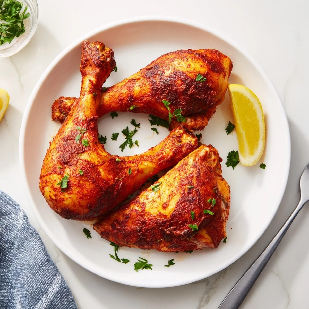 Tender juicy paprika chicken legs garnished with fresh parsley and lemon wedges on plate