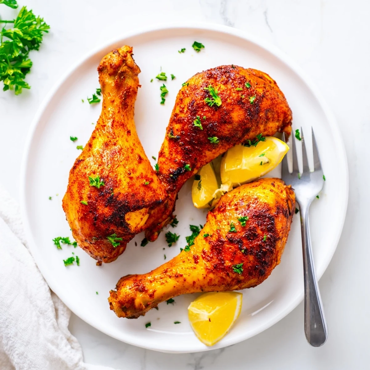 Four spice-rubbed paprika chicken legs arranged skin-side up with reddish-brown seasoning coating