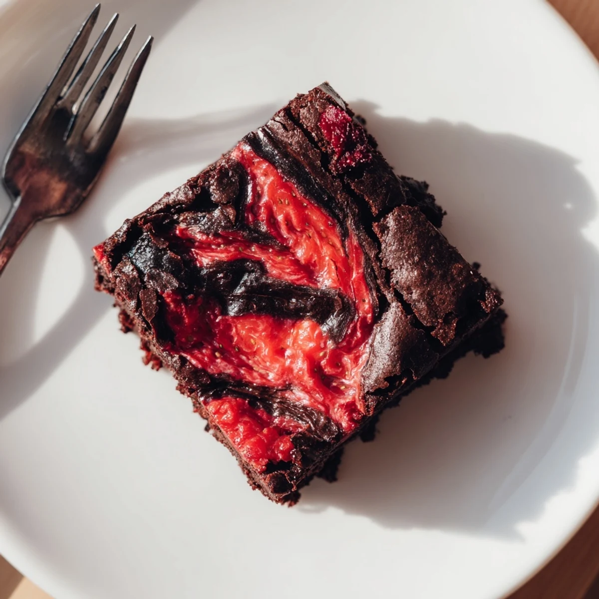 Fudgy chocolate strawberry brownies with vibrant red swirls baked to perfection