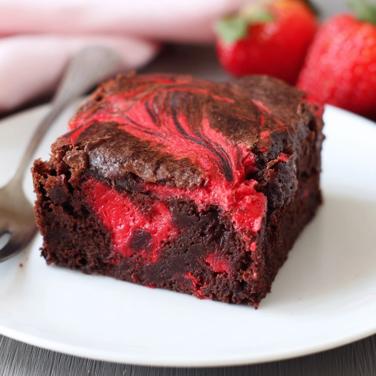 Rich chocolate brownies marbled with sweet strawberry puree on a white plate