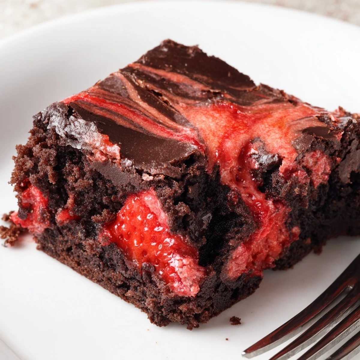 Homemade strawberry brownies featuring a moist chocolate base swirled with fruity sauce