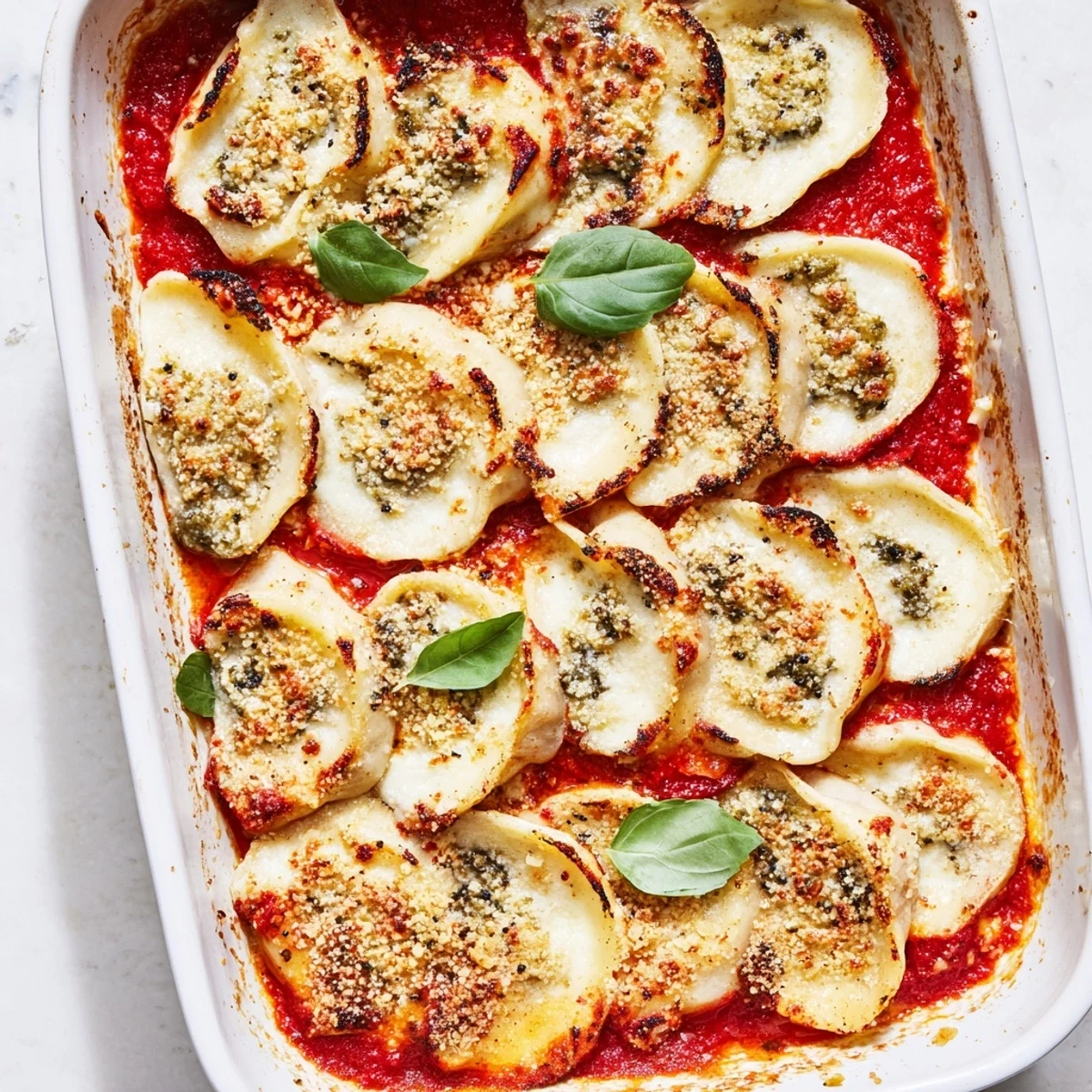 Golden brown dumpling lasagna with bubbling mozzarella and fresh basil garnish on a white plate