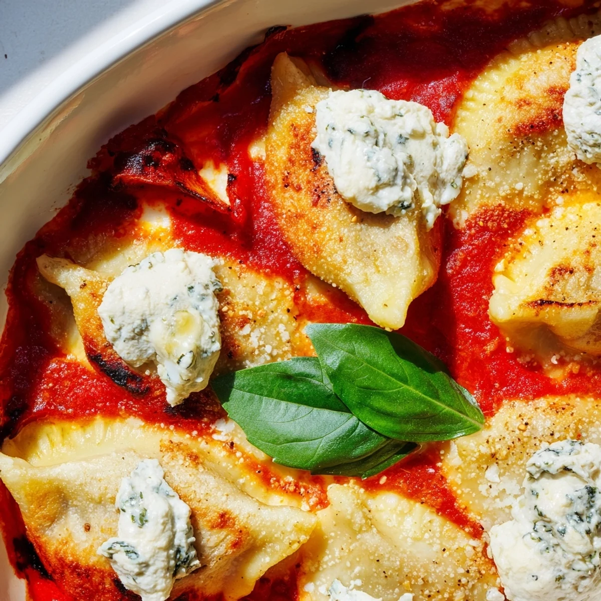 Layered dumpling lasagna bake featuring juicy dumplings, rich tomato sauce, and melted cheese topping