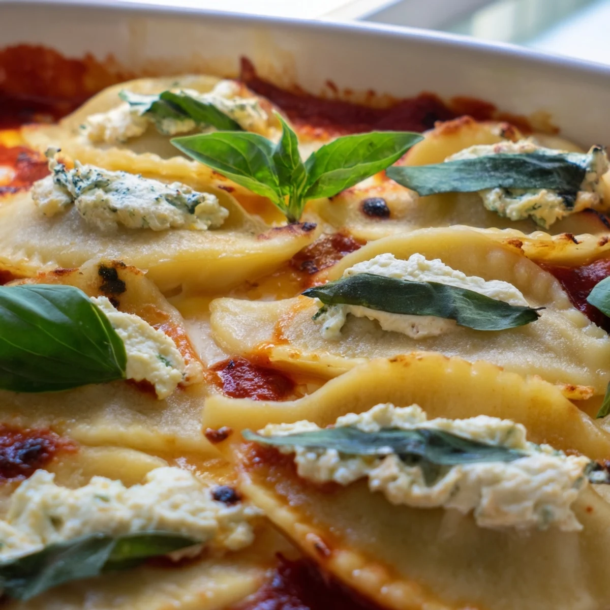 Steaming hot dumpling lasagna casserole with gooey cheese layers and crispy golden edges