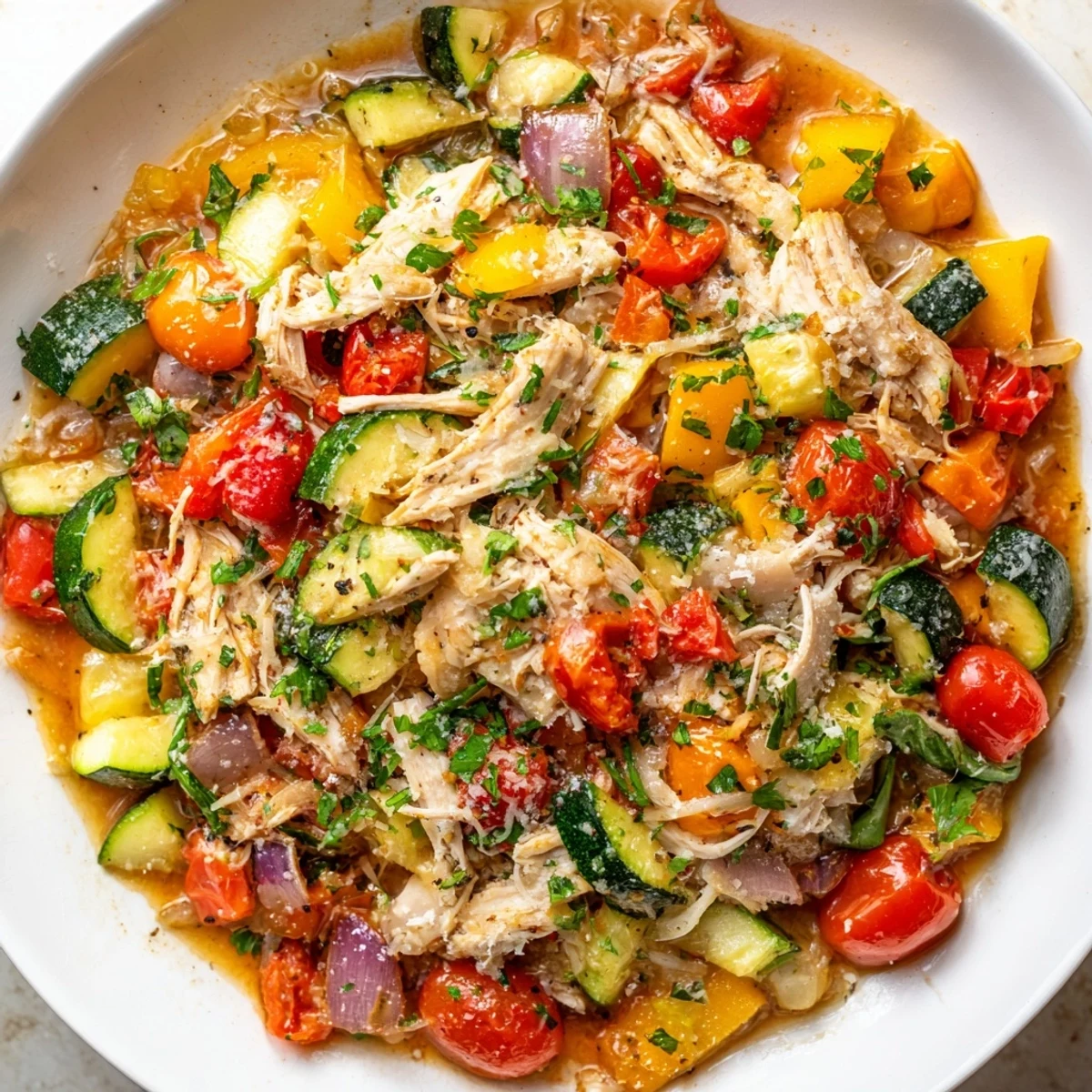 Golden rotisserie chicken and vegetable skillet sizzling with colorful bell peppers and zucchini
