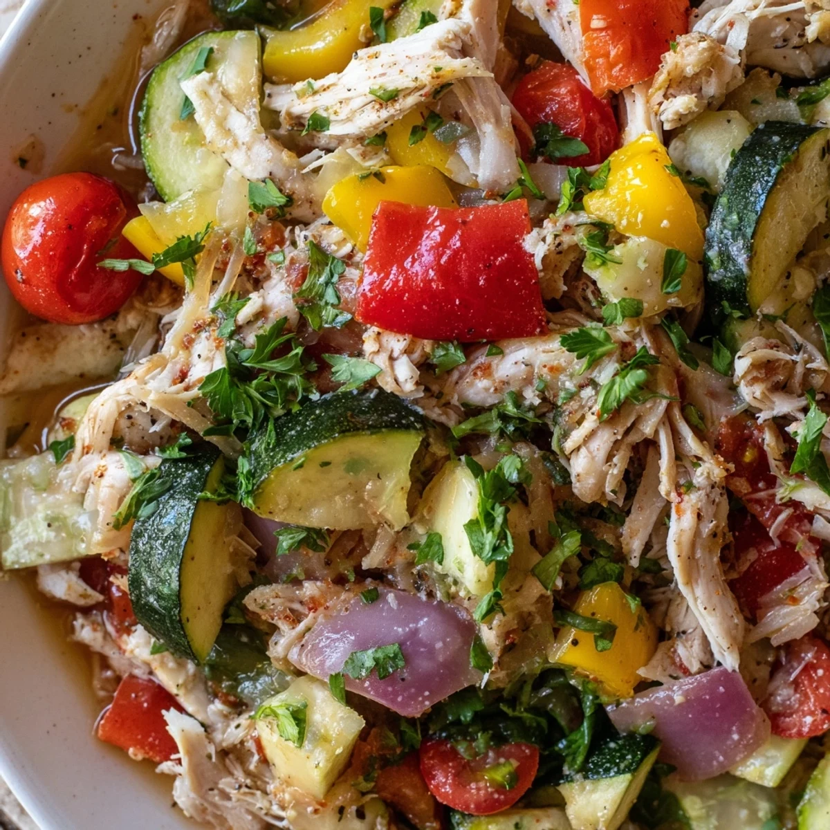 One-pan rotisserie chicken skillet featuring tender meat, vibrant veggies, and fragrant Italian herbs