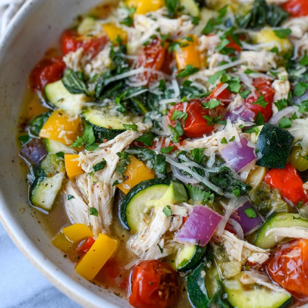 Quick rotisserie chicken and vegetable skillet topped with fresh parsley over wilted spinach