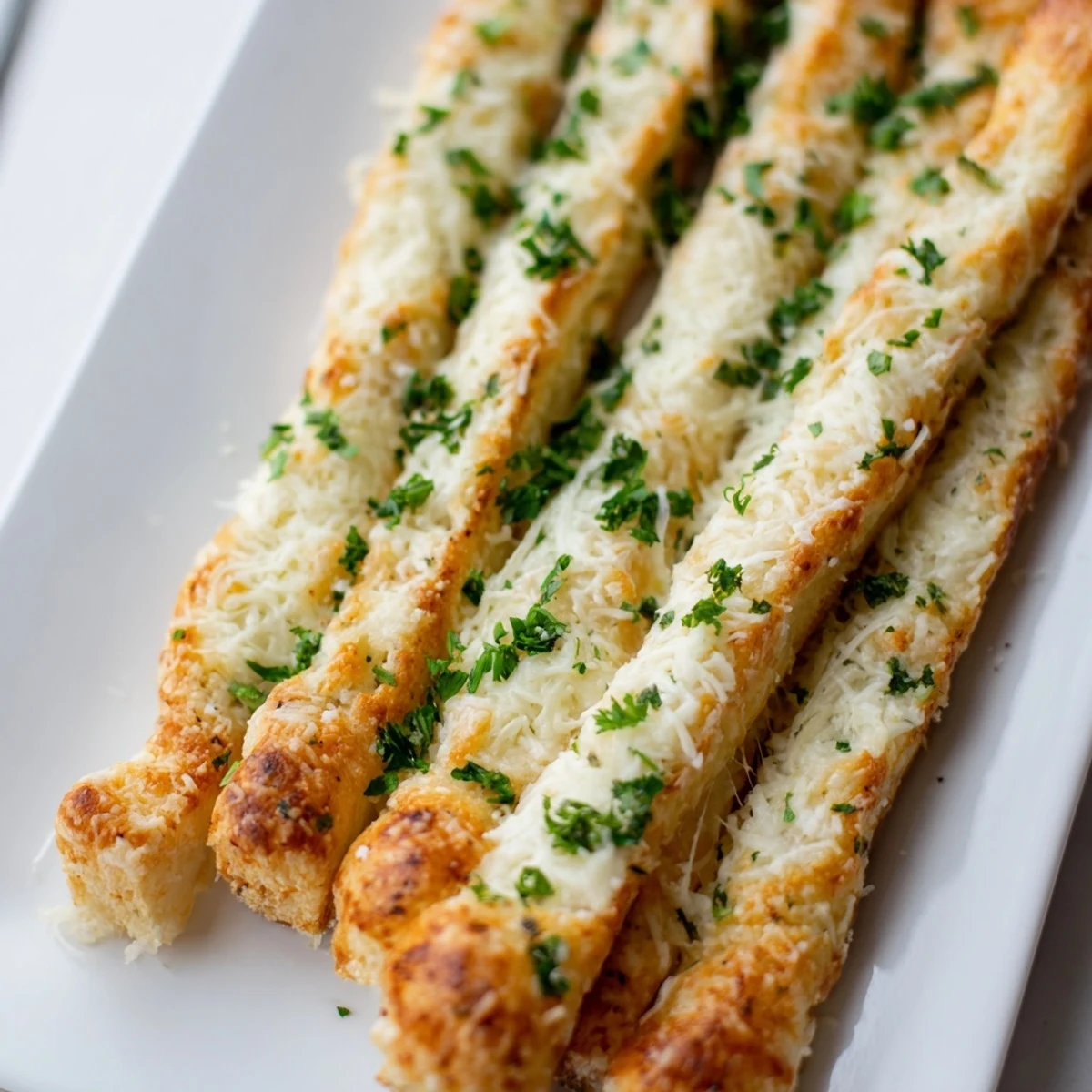 Golden brown keto garlic butter breadsticks brushed with melted butter and fresh parsley garnish