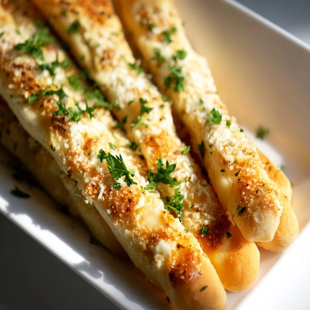 Soft low-carb cheesy breadsticks fresh from the oven with garlicky butter coating