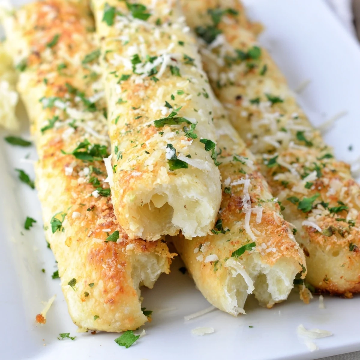 Warm keto breadsticks topped with Parmesan and parsley alongside dipping sauce on wooden board