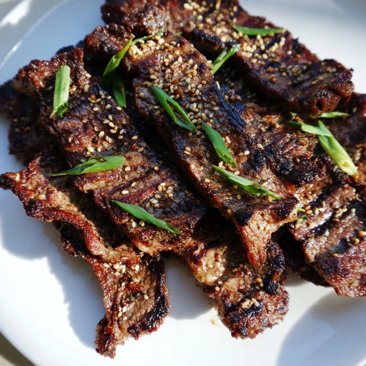 Platter of Korean Galbi grilled ribs caramelized to perfection with charred edges and sesame garnish