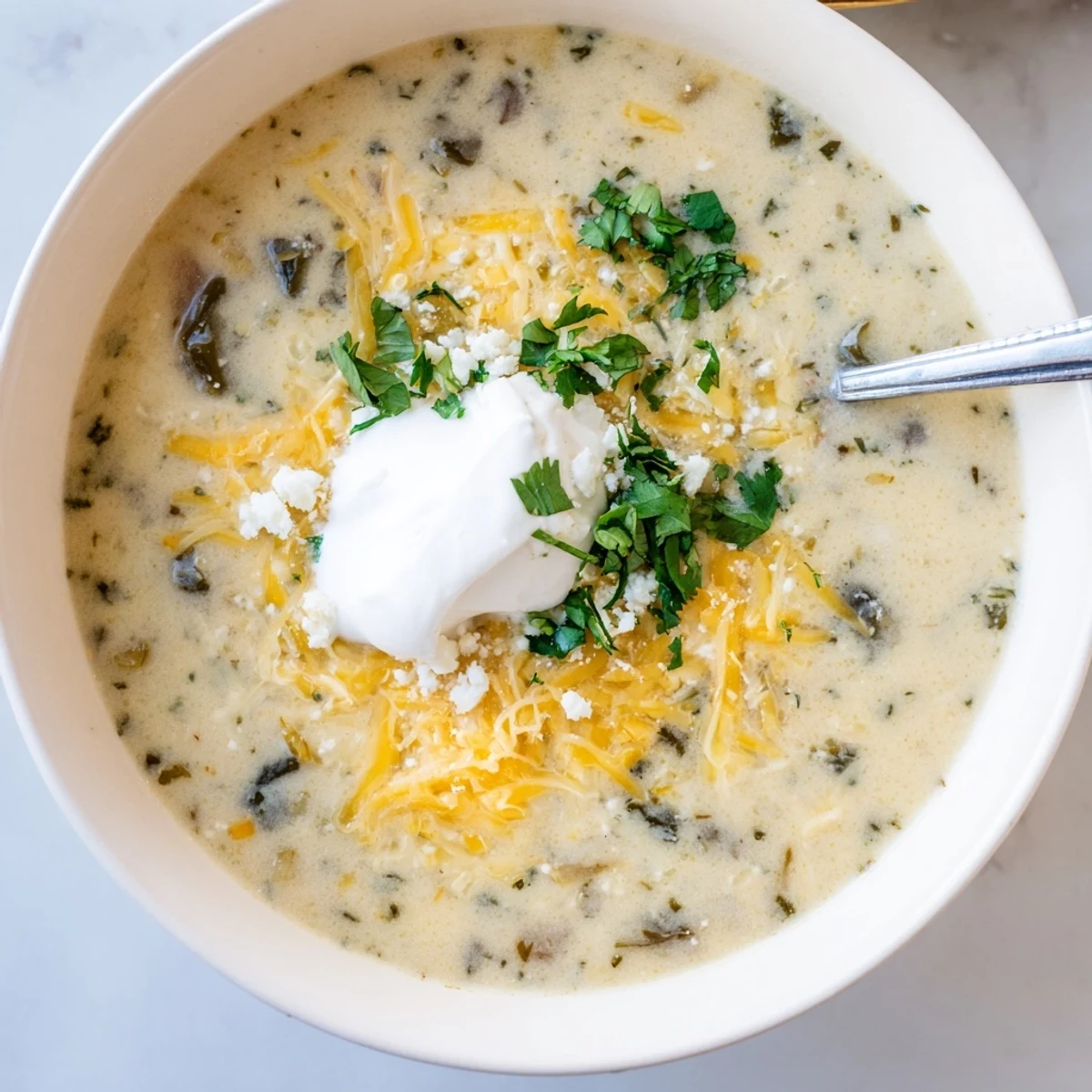 Creamy chile relleno soup topped with fresh cilantro, tortilla strips, and melted cheese