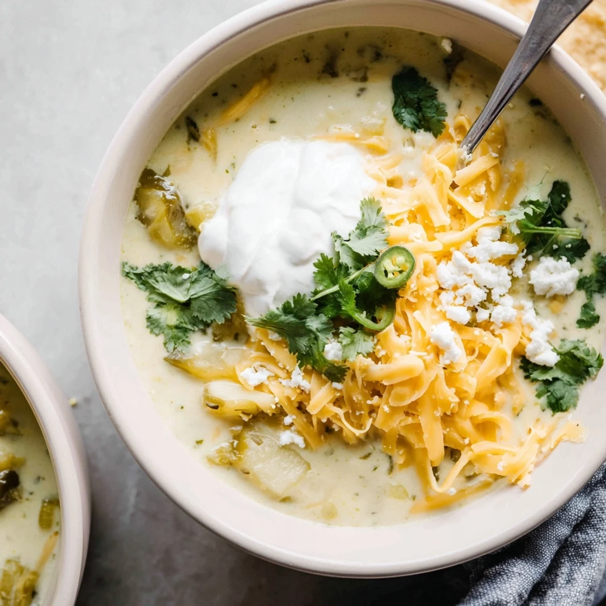 Bowl of green poblano chile relleno soup garnished with crumbled queso fresco and herbs