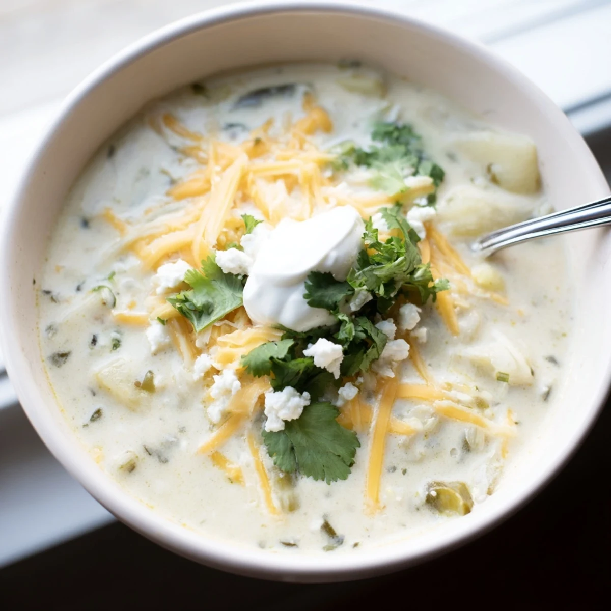 Rich and spicy chile relleno soup with roasted peppers, Monterey jack, and crispy tortilla topping