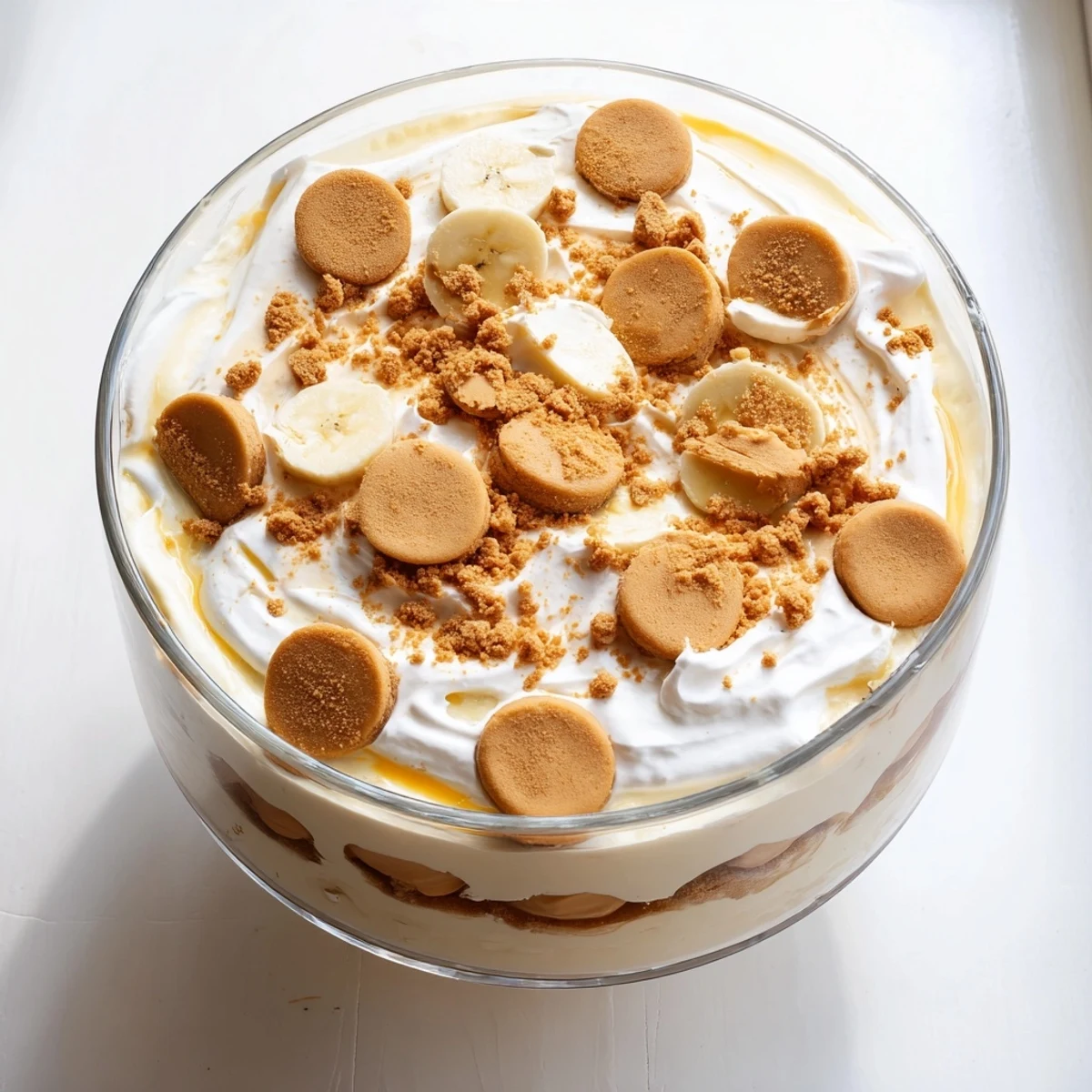 Glass trifle dish showcasing layered Biscoff banana pudding with whipped cream topping and crushed cookie garnish