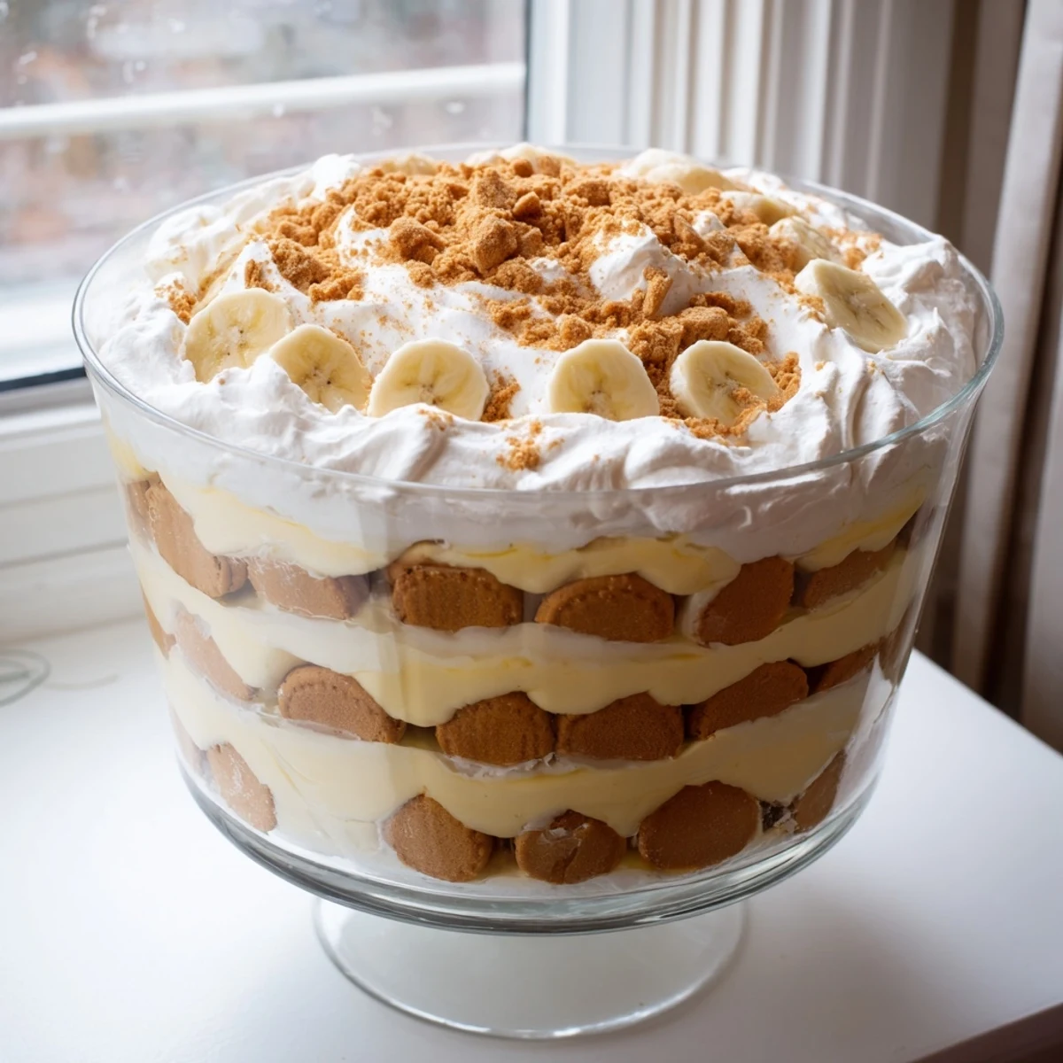 Creamy Biscoff banana pudding layered with fresh banana slices and caramel-spiced cookies in a clear serving bowl