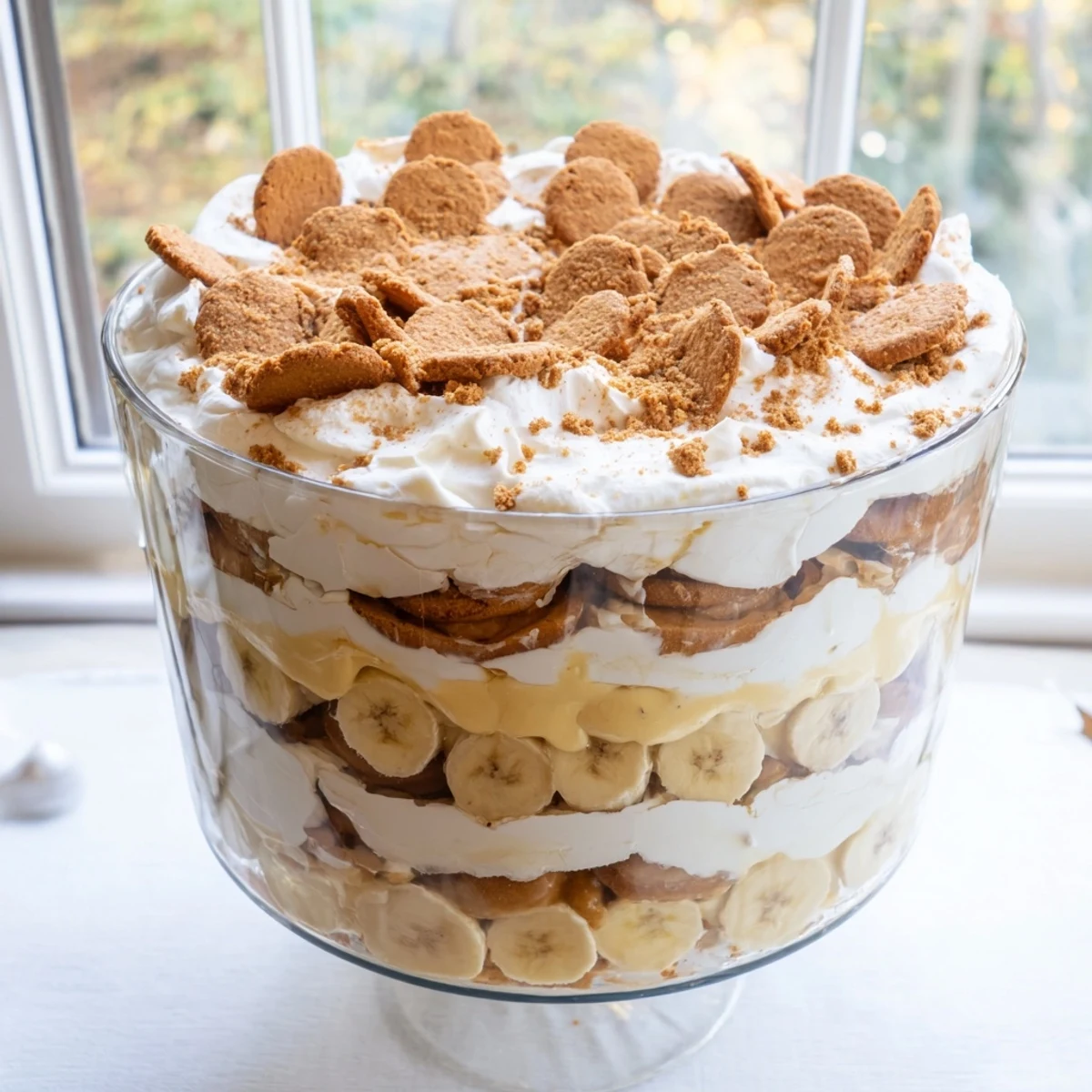 No-bake Biscoff banana pudding dessert featuring alternating layers of vanilla custard, ripe bananas, and spiced lotus biscuits