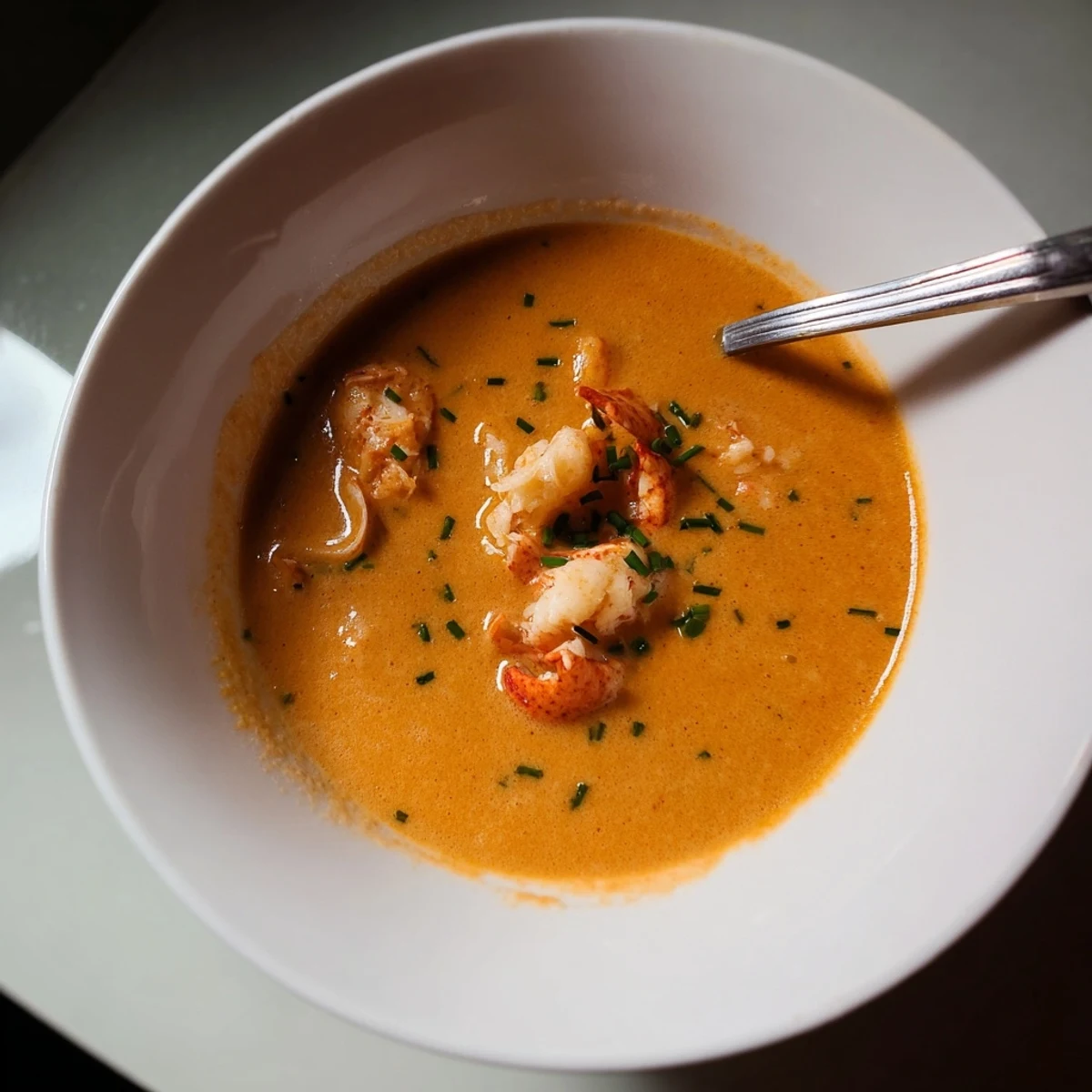 Golden orange lobster bisque ladled into white bowls with chopped chives on top