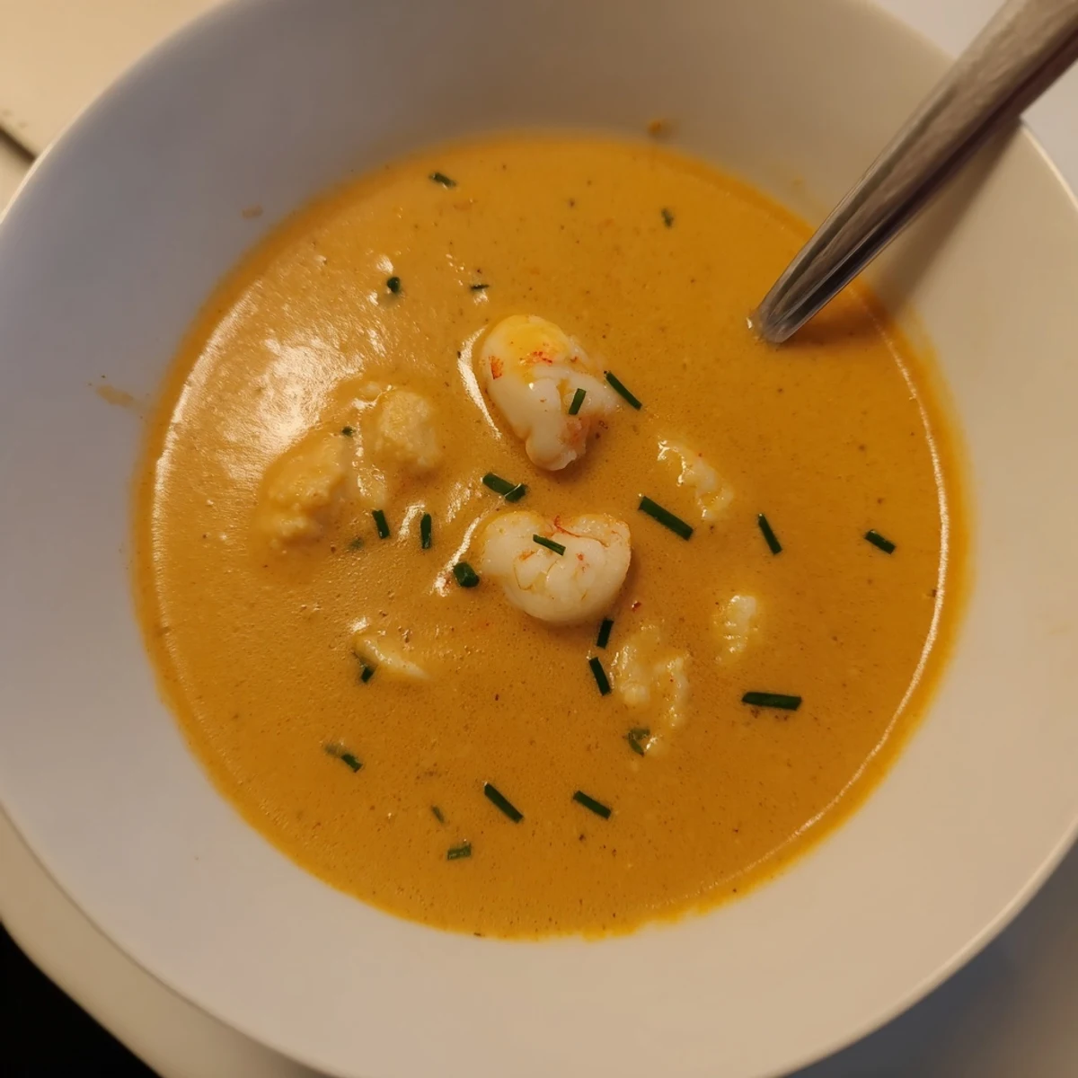 Rich restaurant-style lobster bisque featuring succulent lobster pieces in a smooth velvety broth