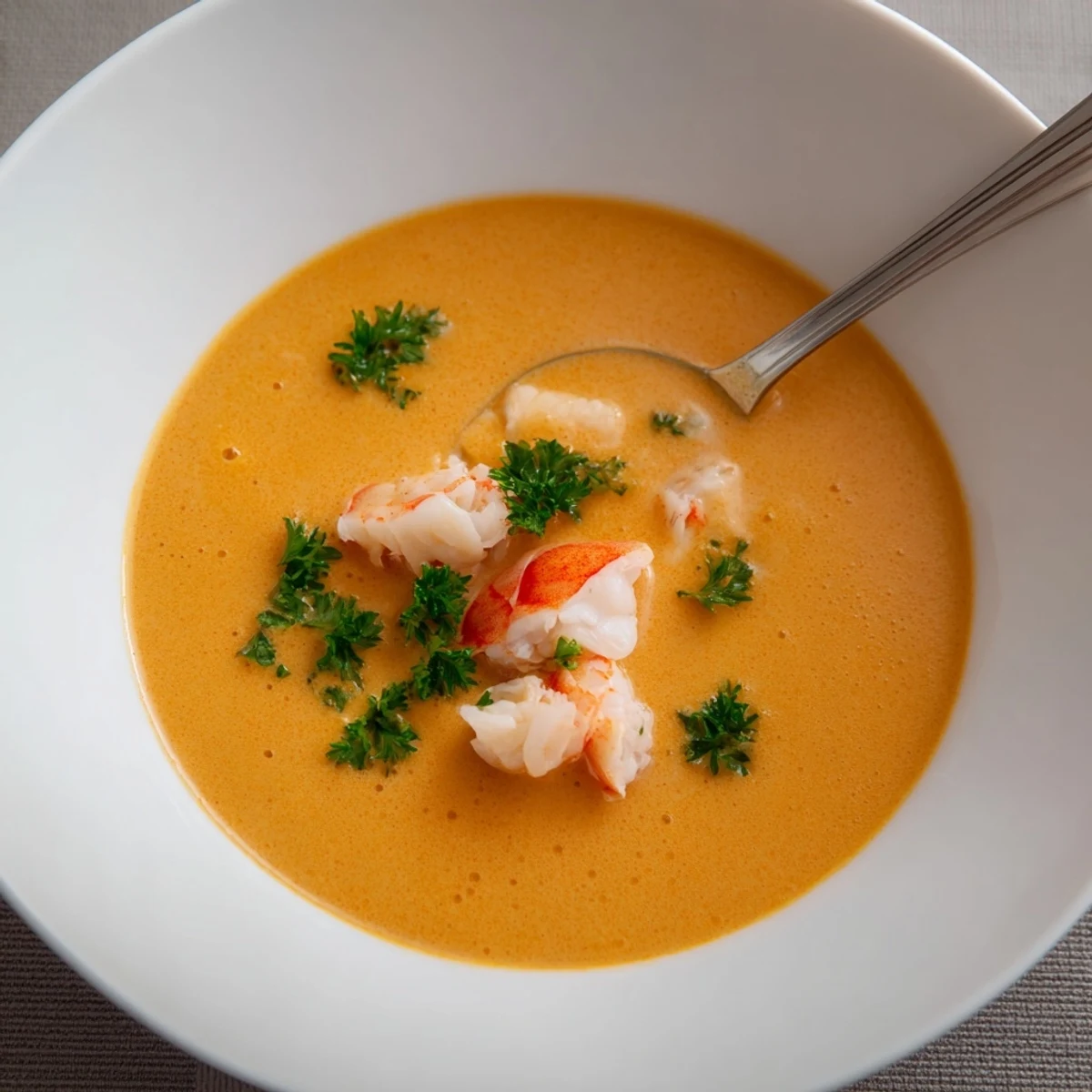 Velvety creamy prawn and lobster bisque garnished with fresh parsley in a white bowl