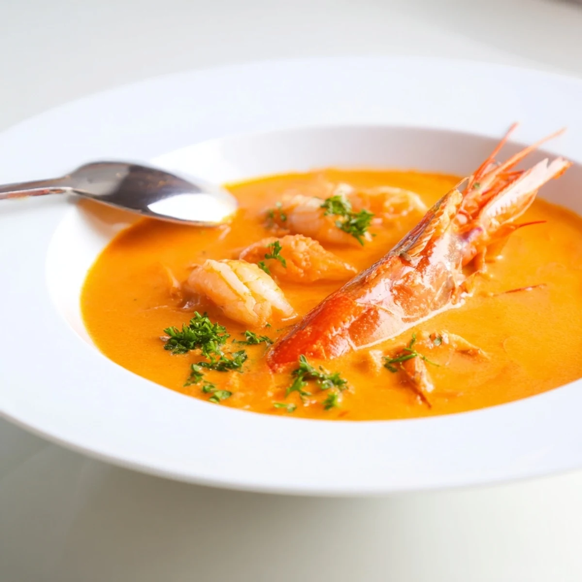 Steaming hot French seafood bisque featuring tender prawn and lobster pieces in rich orange broth