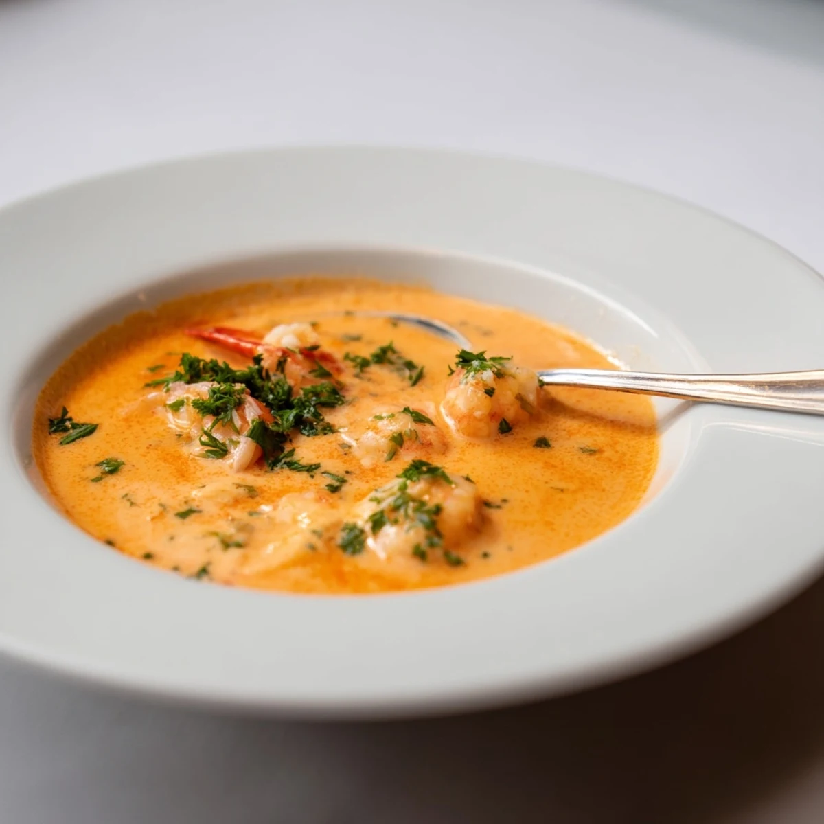 Luxurious prawn and lobster bisque served with crusty bread, showcasing smooth creamy texture and vibrant color
