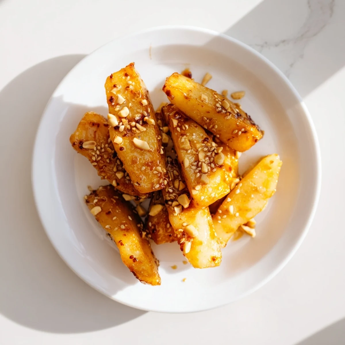 Chewy tteok rice cakes pan-fried until crispy then drizzled with luscious honey butter sauce