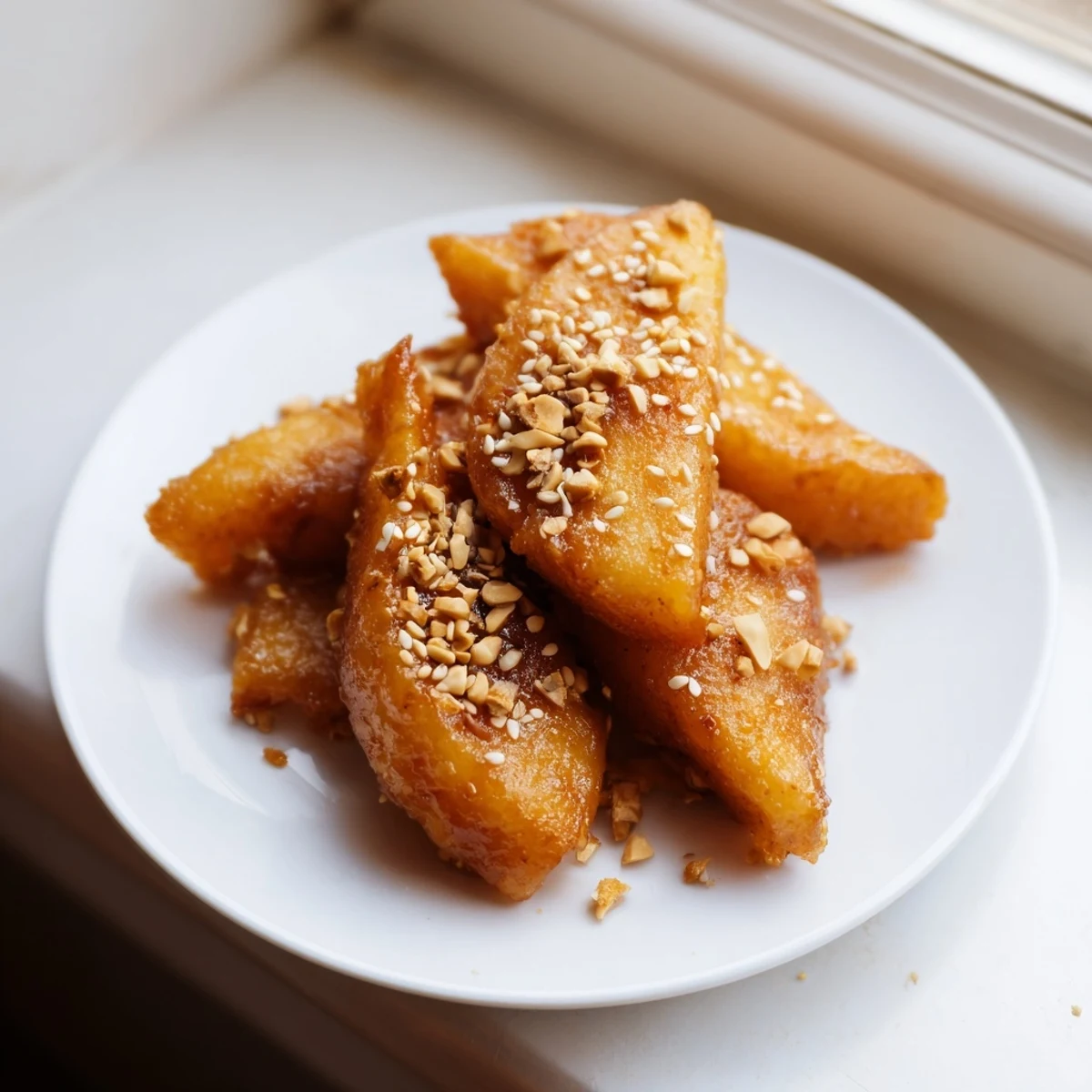Plate of Korean rice cakes in sweet butter glaze garnished with toasted sesame seeds