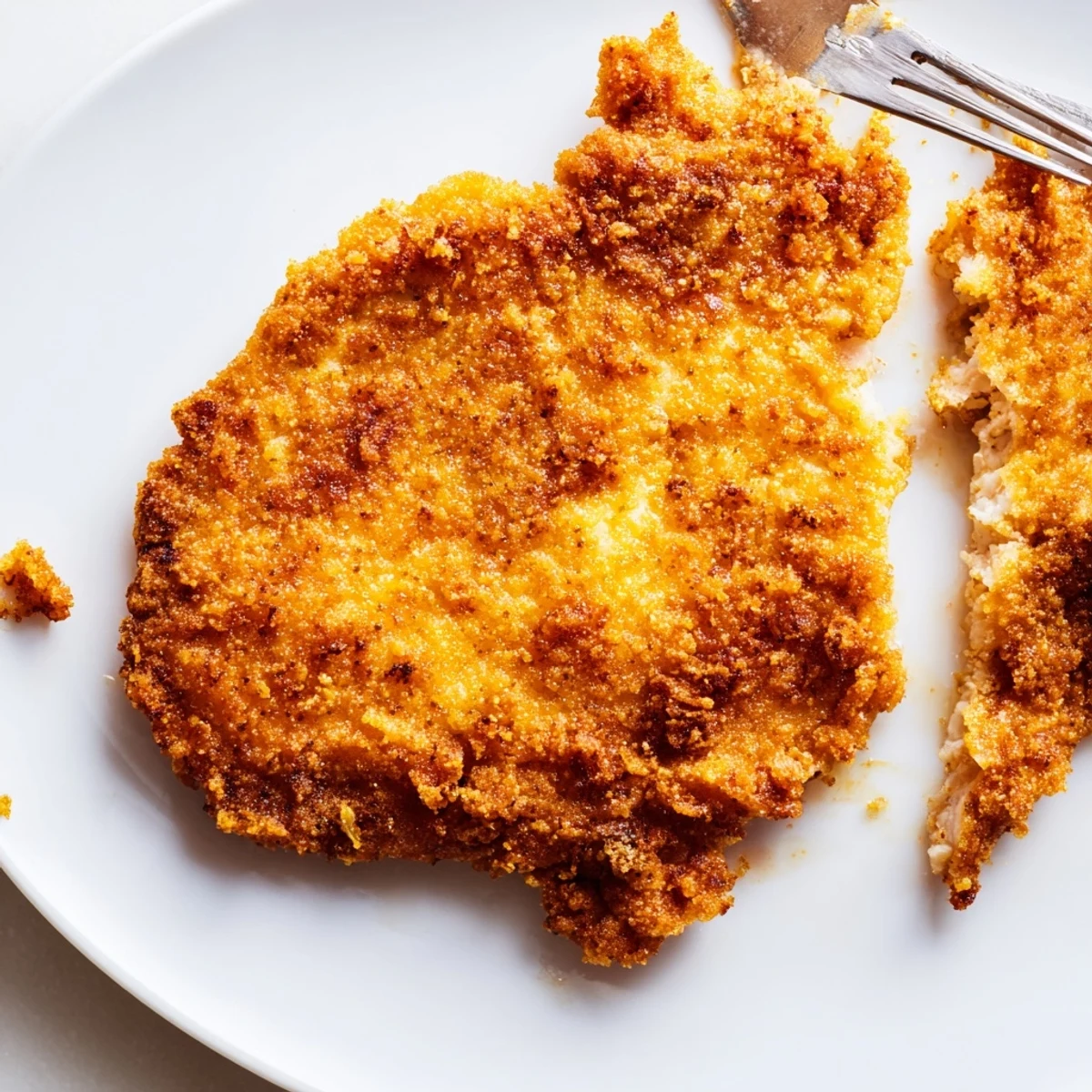 Golden fried crispy spicy jalapeño chicken breasts garnished with fresh jalapeño slices on a white platter