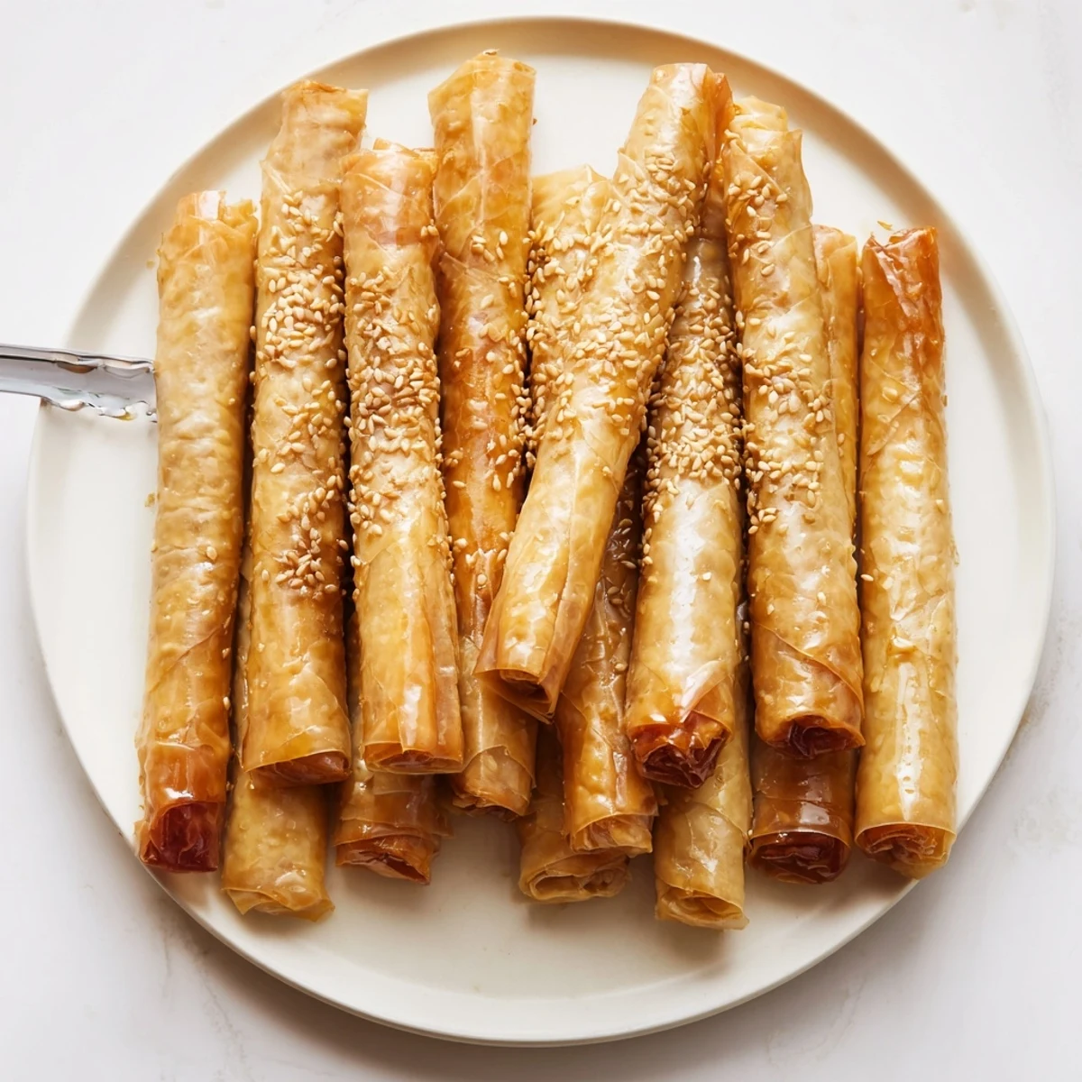 Golden Moroccan honey almond cigars arranged on a serving platter with toasted sesame seed garnish