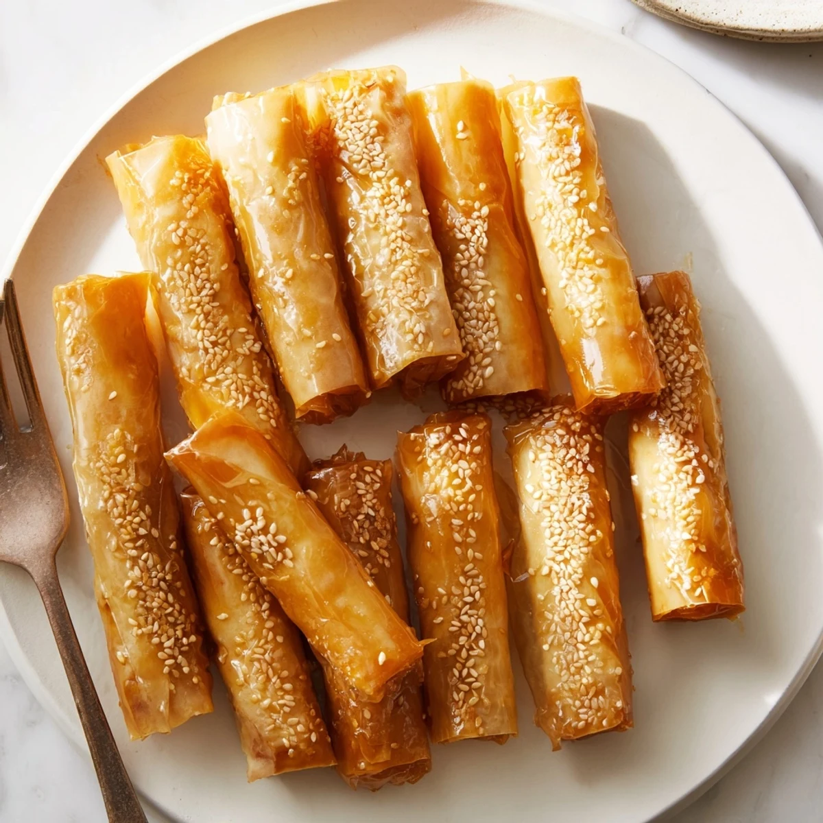 Crisp pastry rolls filled with fragrant almond paste drizzled with warm orange blossom honey syrup