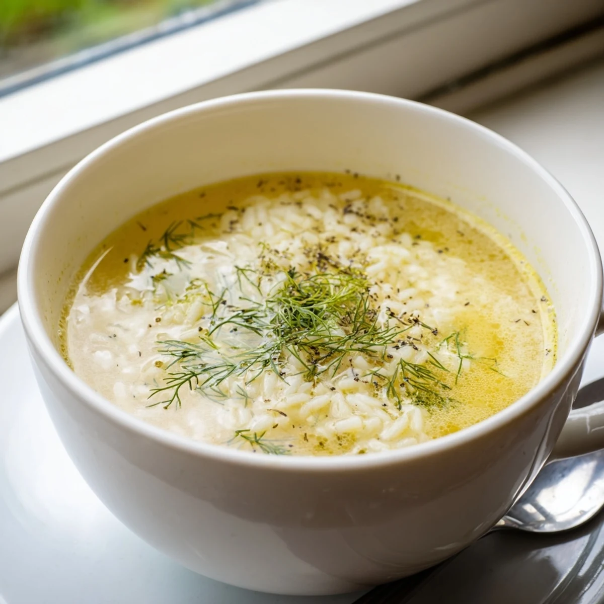 Creamy Greek egg and lemon soup featuring tender rice grains in a silky golden chicken broth
