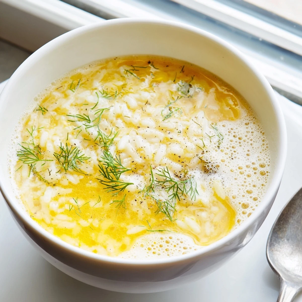 Greek egg and lemon soup bowl garnished with fresh dill and freshly ground black pepper
