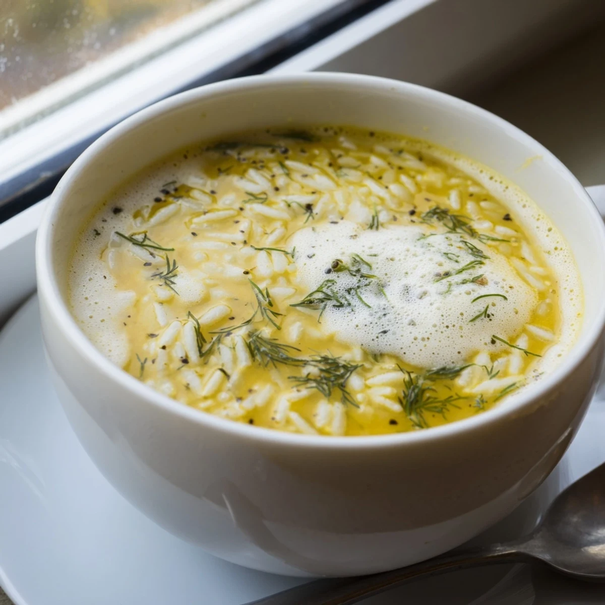 Steam rising from authentic Greek egg and lemon soup served in a white ceramic bowl