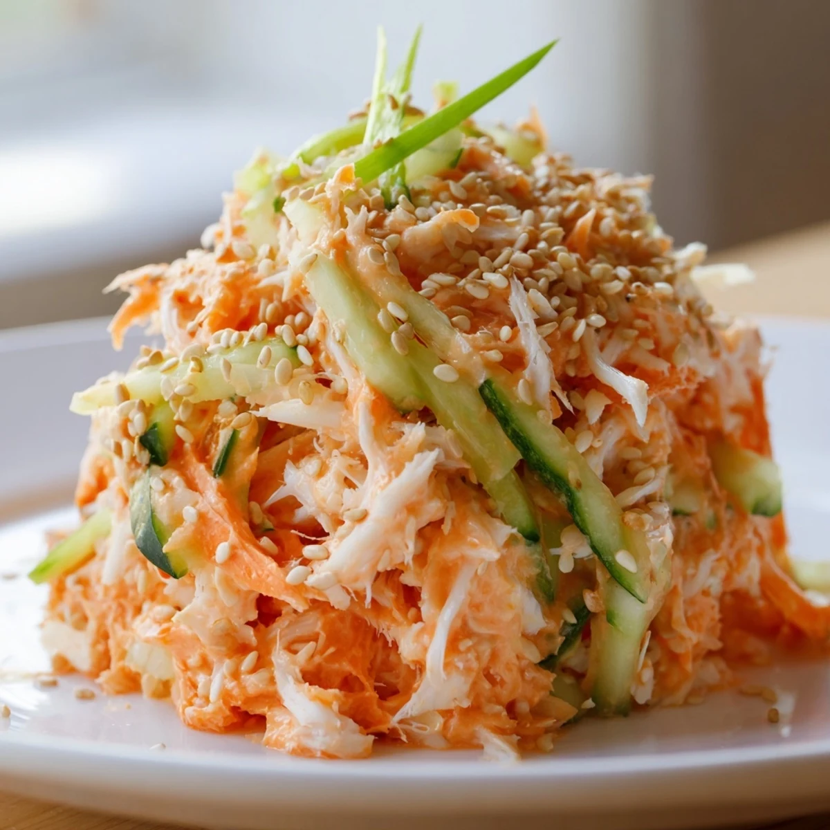 Colorful bowl of spicy Kani salad with shredded crab, crisp cucumber and carrot matchsticks tossed in creamy orange sriracha mayo