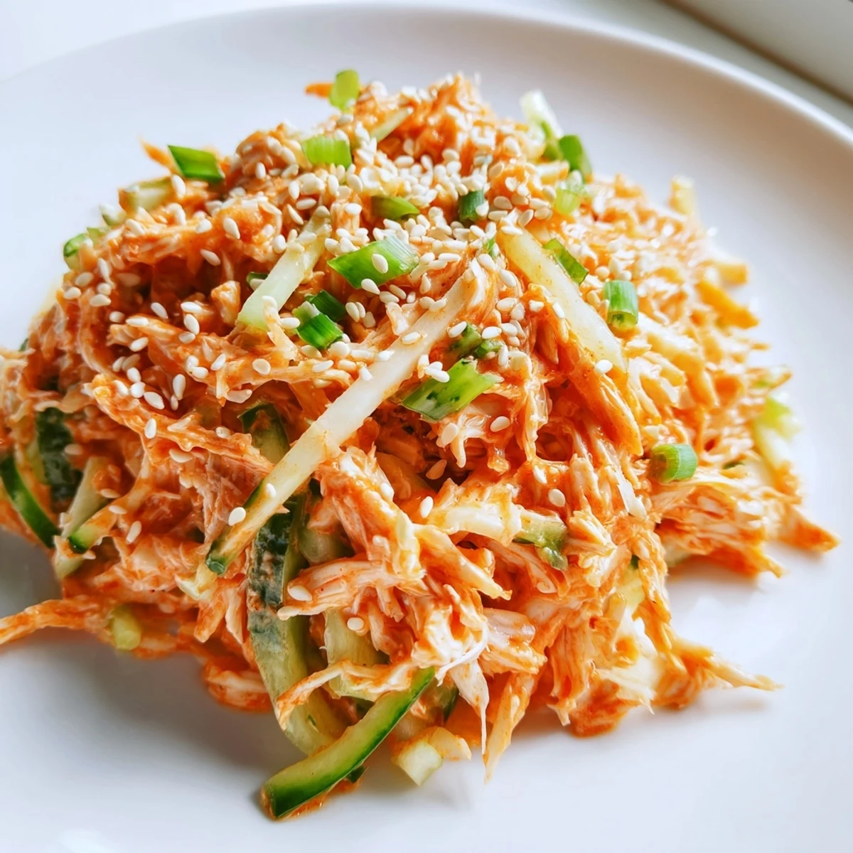 Chilled Japanese Kani salad mounded in white bowl, topped with toasted sesame seeds and fresh green onions