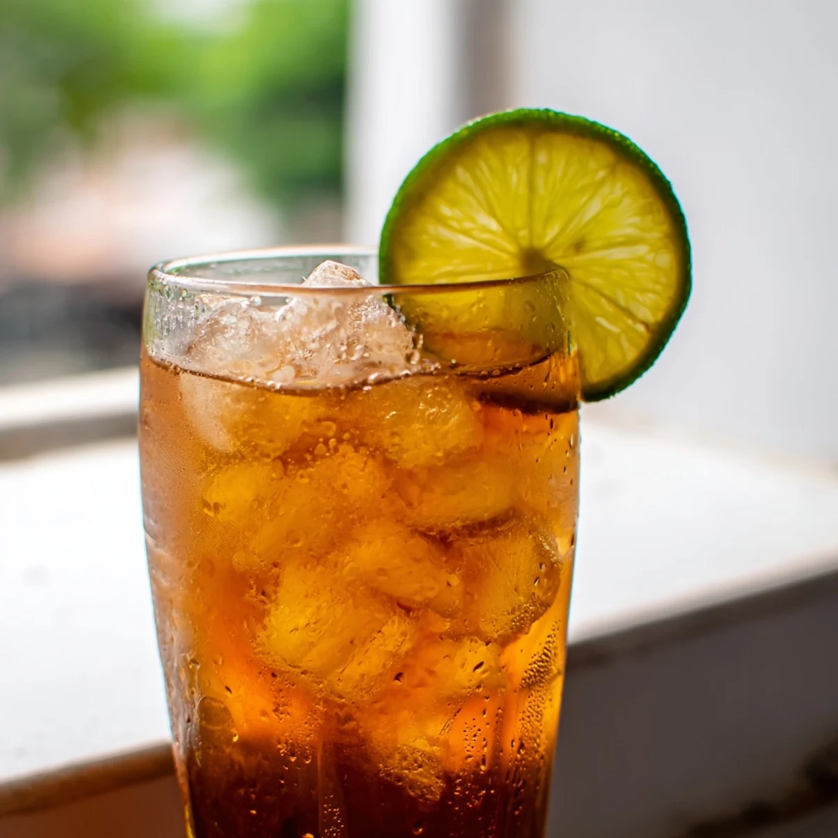 Tall glass of amber Thai lime iced tea filled with ice cubes and garnished with fresh lime slice