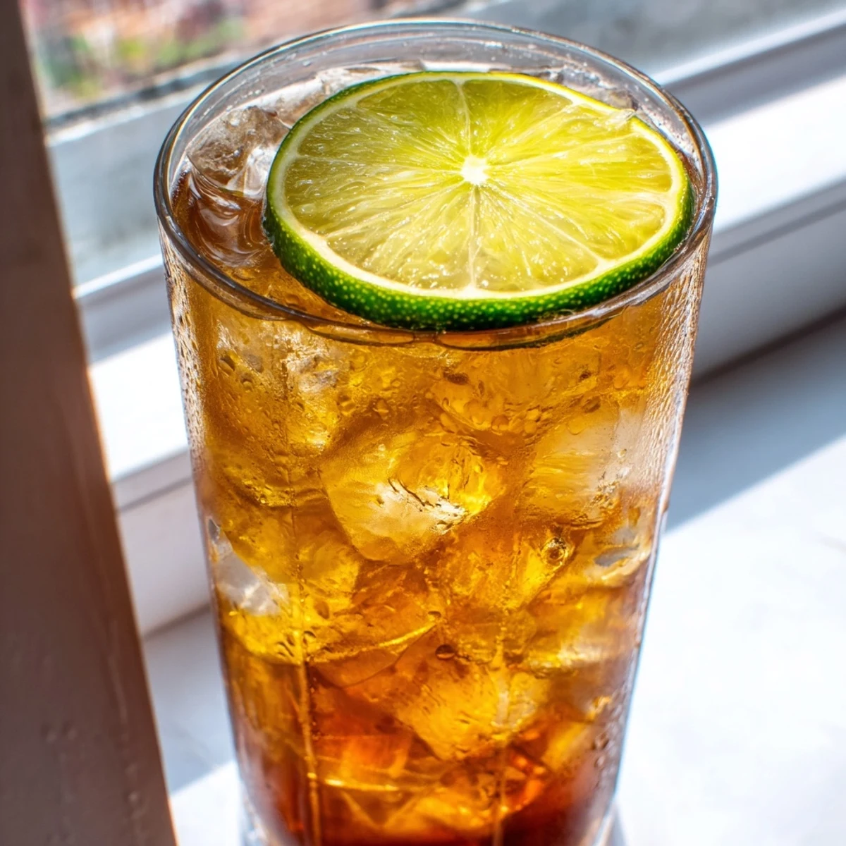 Refreshing Thai lime iced tea with bright citrus notes served over ice in a clear glass