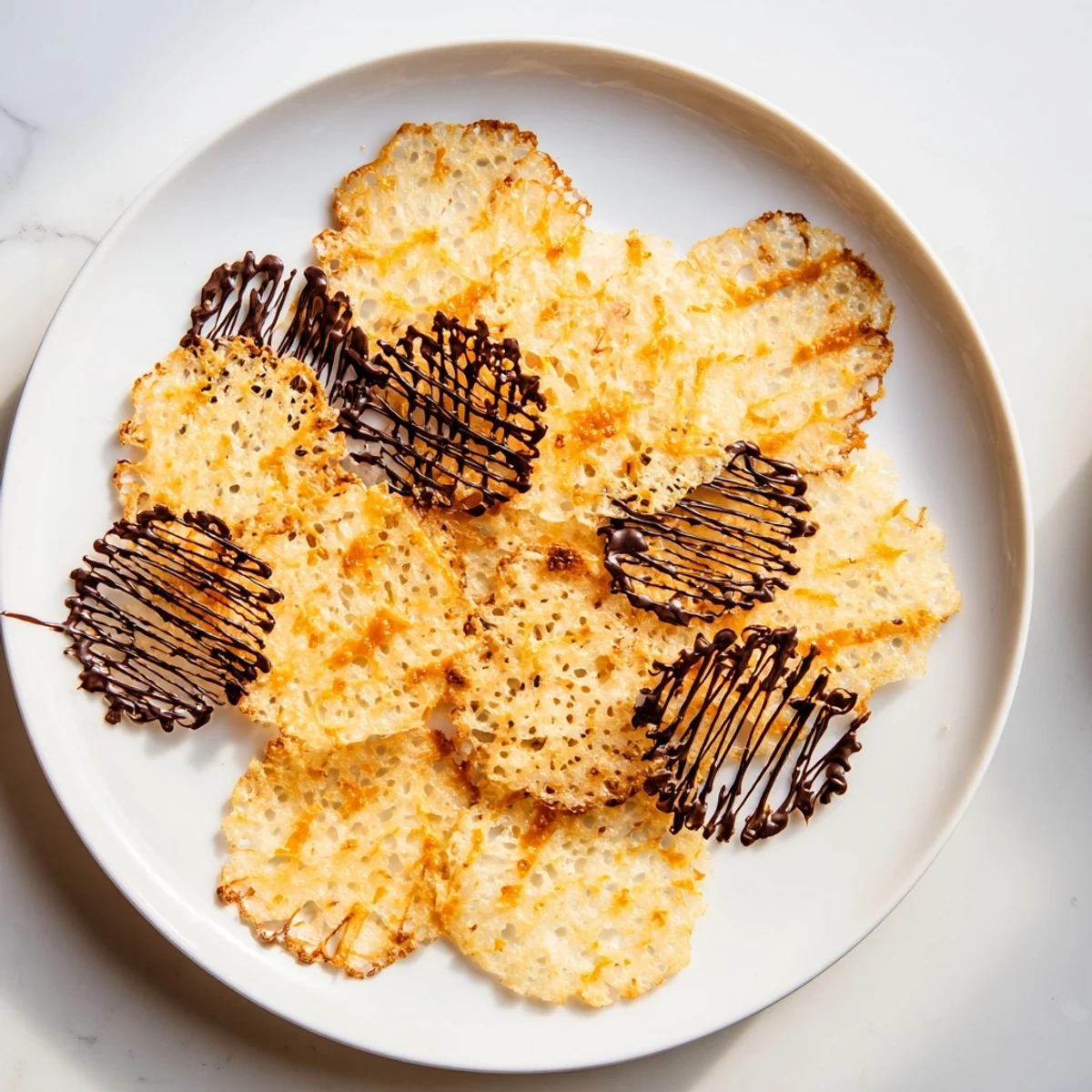 Golden orange lace cookies arranged on a white plate with delicate crispy edges visible