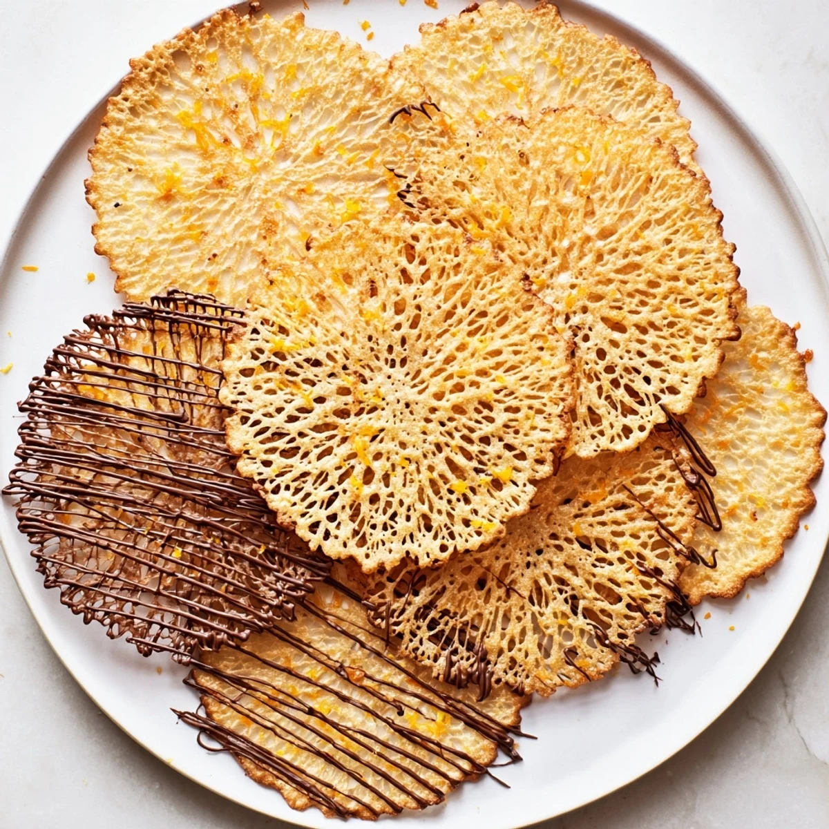 Thin crispy orange lace cookies cooling on wire rack with lacy translucent texture
