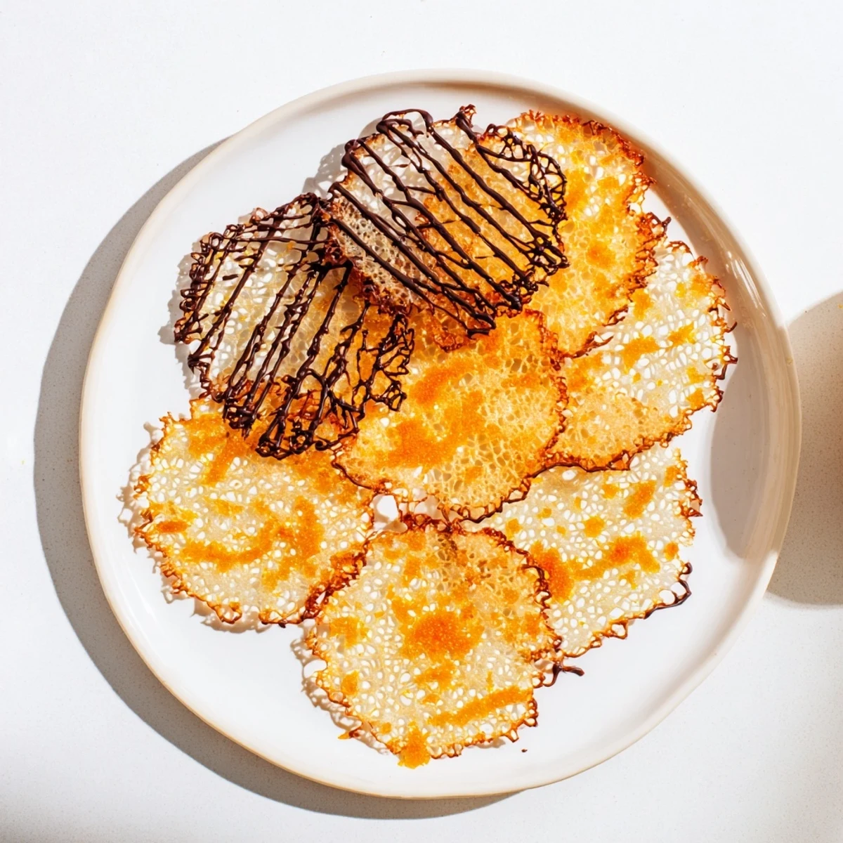 Close-up of orange lace cookies showing their intricate pattern and golden brown color
