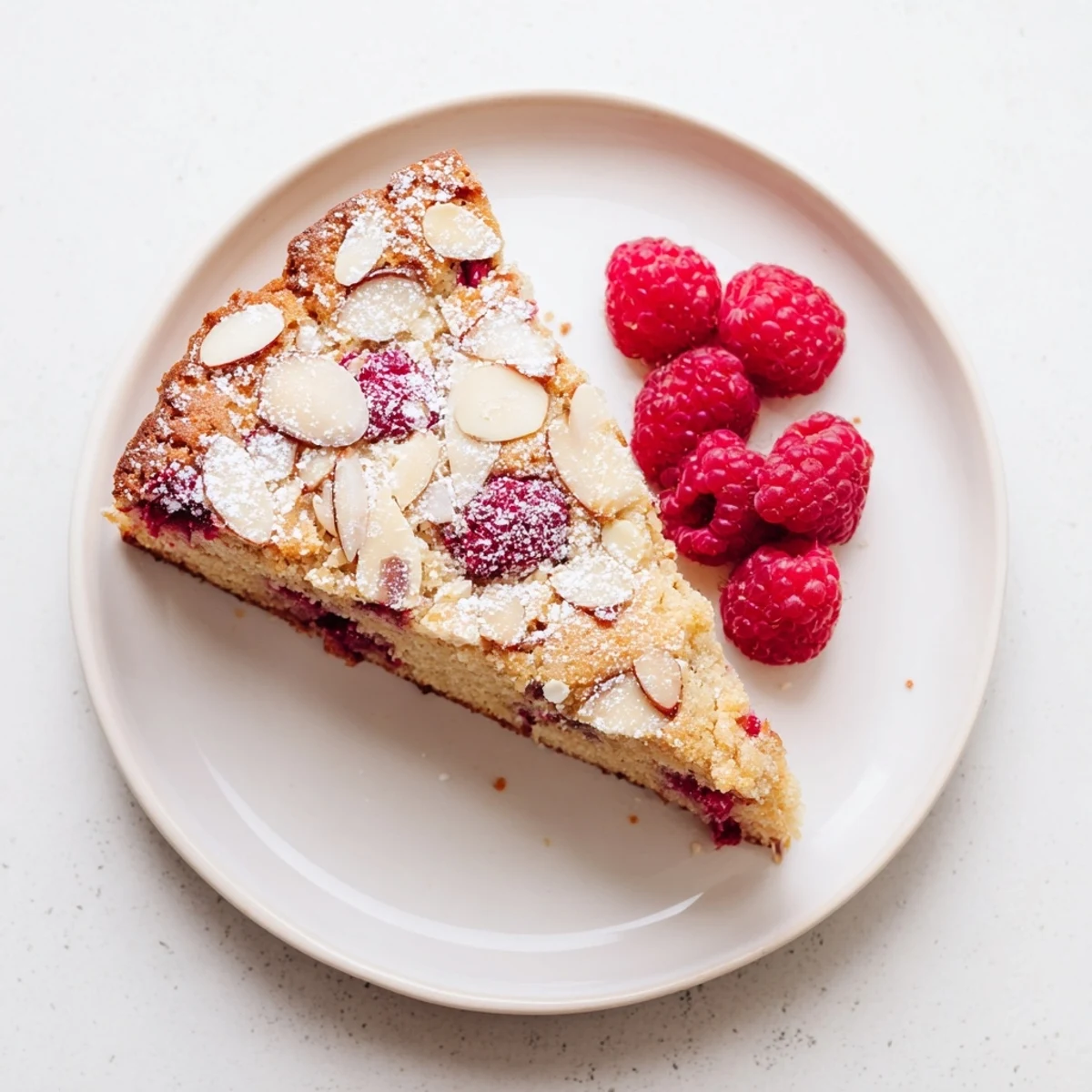 Golden almond raspberry cake topped with fresh berries and dusted with powdered sugar