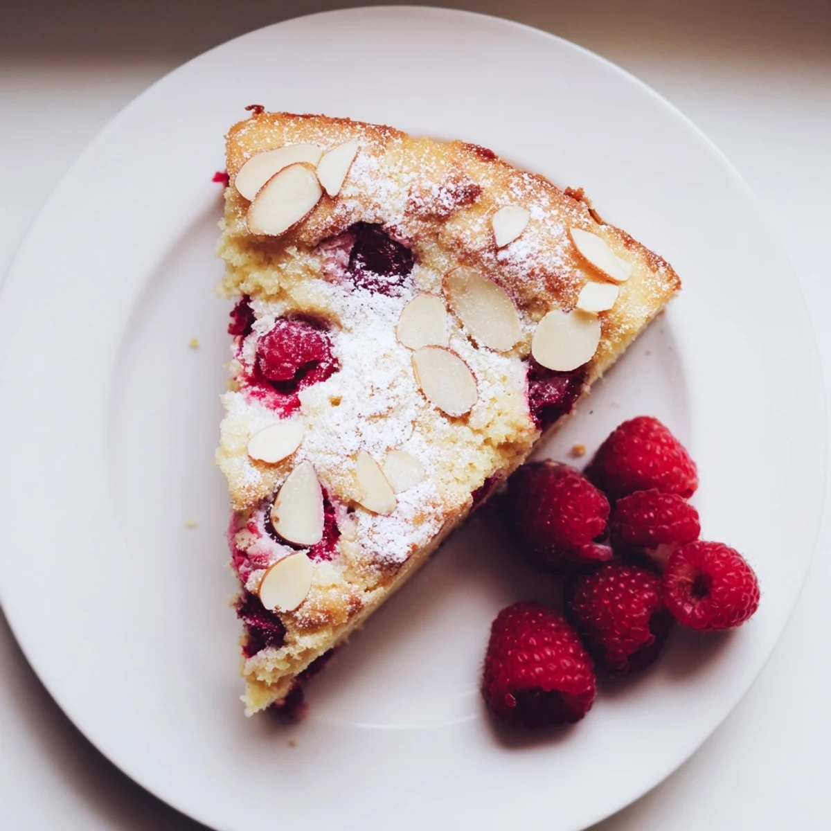 Whole almond raspberry cake garnished with fresh raspberries and toasted sliced almonds on top