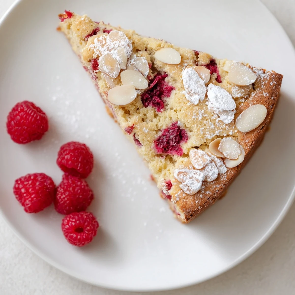 Sliced of moist almond raspberry cake revealing juicy red berries inside the tender crumb