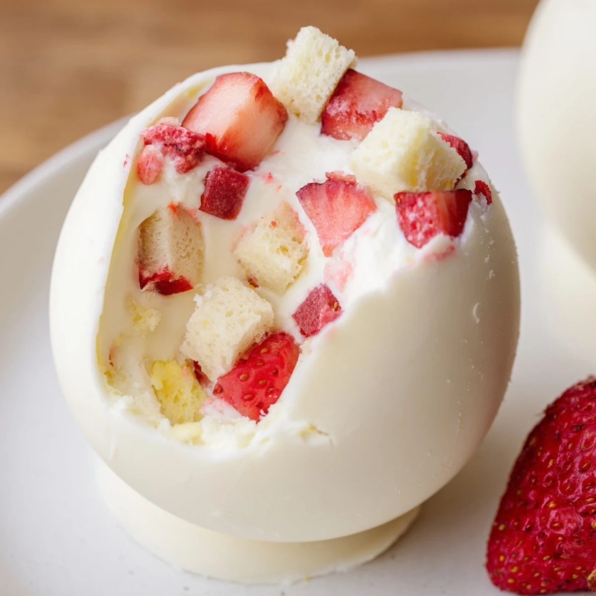 Festive strawberry shortcake Easter egg bombs with macerated berries and cake cubes