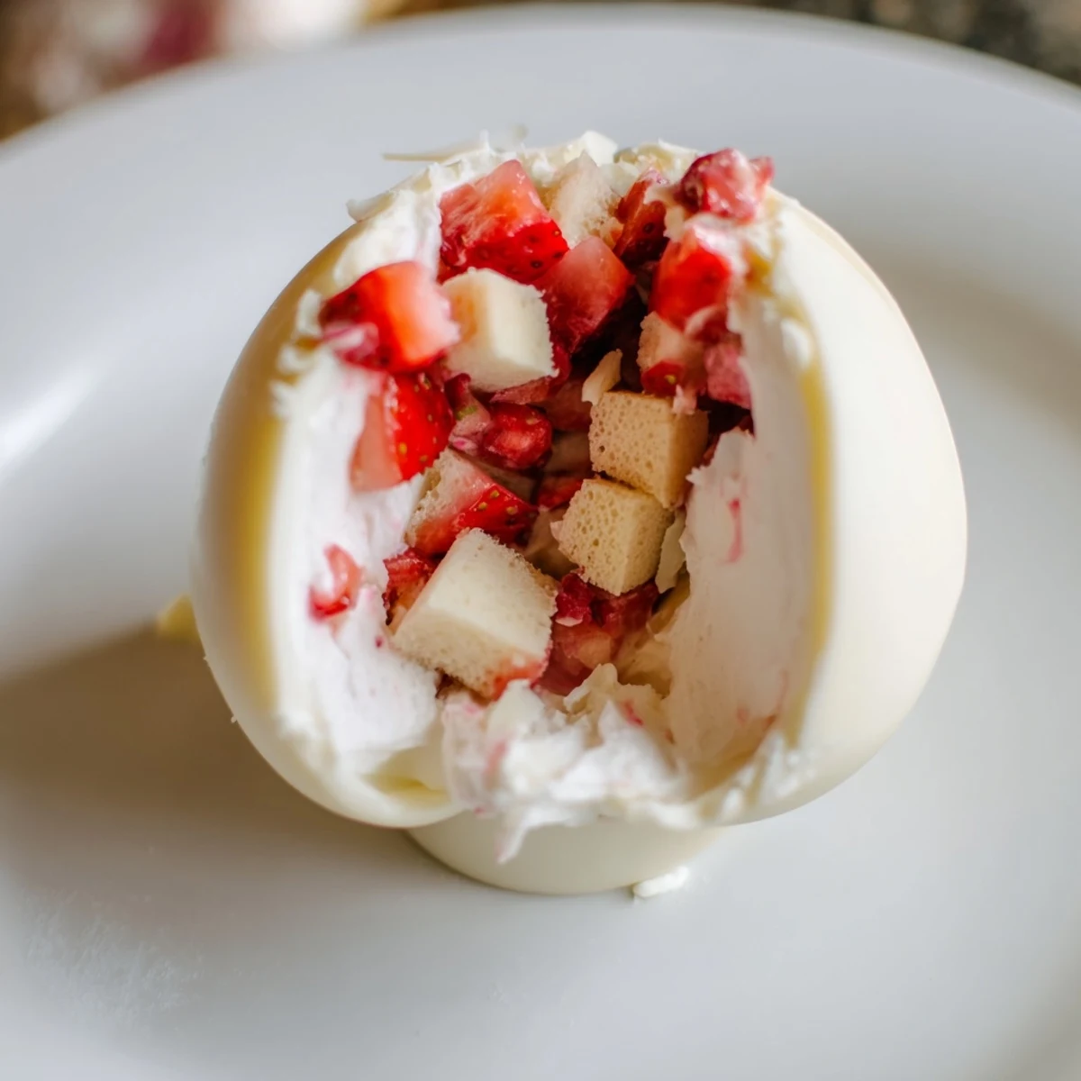 White chocolate Easter egg filled with fluffy strawberry shortcake and whipped cream