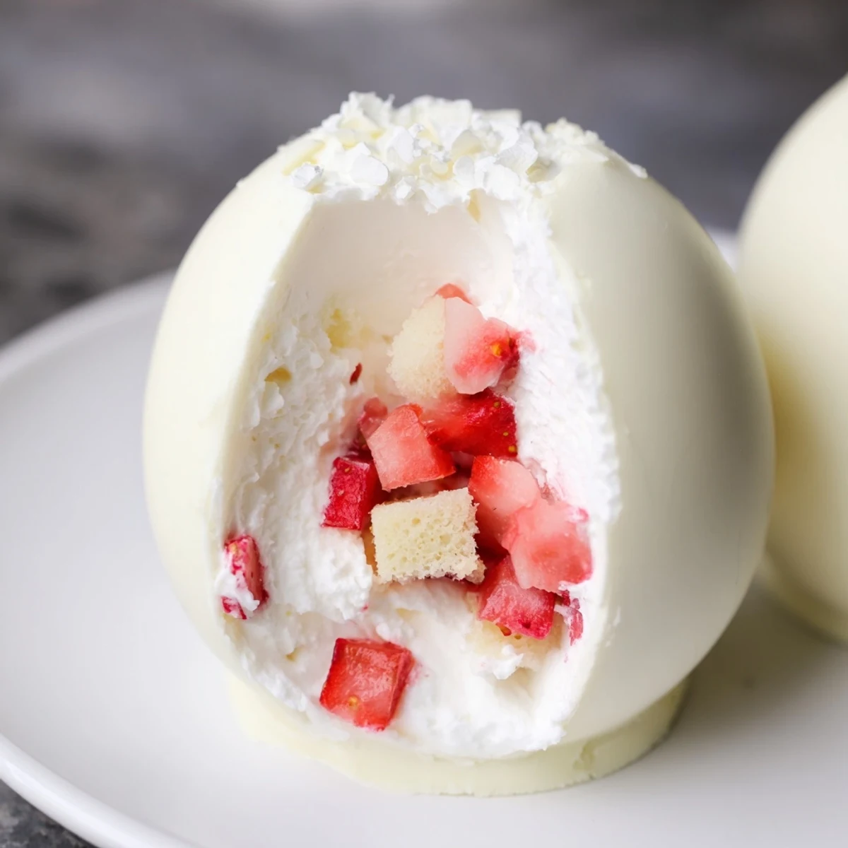 Crunchy white chocolate shell revealing layers of strawberries, cream, and pound cake
